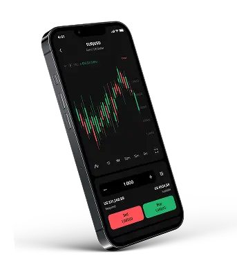 Smartphone displaying a trading app with EUR/USD currency pair chart.